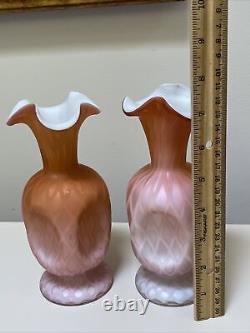 2 Rare Matching Vintage Fenton Satin Peach Pink Diamond Optic Pinch Vase 7 TV