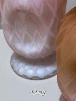 2 Rare Matching Vintage Fenton Satin Peach Pink Diamond Optic Pinch Vase 7 TV