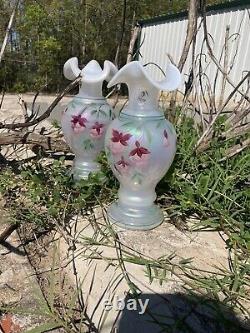 2 VTG Retired 25 yrs 98' Rose Fenton Vases Etched Signed Bill Fenton Opaque