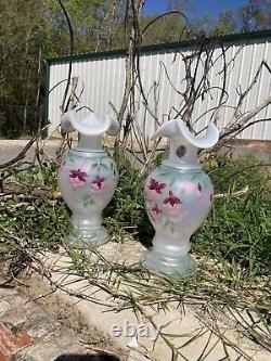 2 VTG Retired 25 yrs 98' Rose Fenton Vases Etched Signed Bill Fenton Opaque