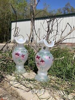 2 VTG Retired 25 yrs 98' Rose Fenton Vases Etched Signed Bill Fenton Opaque