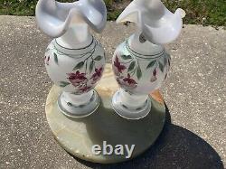 2 VTG Retired 25 yrs 98' Rose Fenton Vases Etched Signed Bill Fenton Opaque