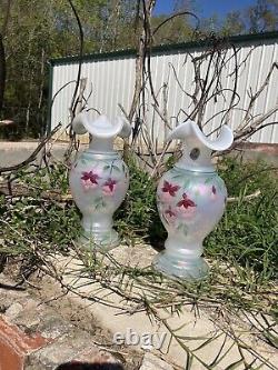 2 VTG Retired 25 yrs 98' Rose Fenton Vases Etched Signed Bill Fenton Opaque