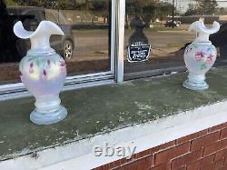 2 VTG Retired 25 yrs 98' Rose Fenton Vases Etched Signed Bill Fenton Opaque