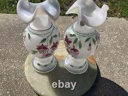 2 VTG Retired 25 yrs 98' Rose Fenton Vases Etched Signed Bill Fenton Opaque