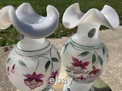 2 VTG Retired 25 yrs 98' Rose Fenton Vases Etched Signed Bill Fenton Opaque