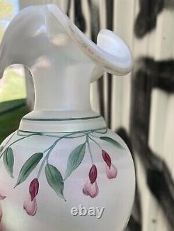 2 VTG Retired 25 yrs 98' Rose Fenton Vases Etched Signed Bill Fenton Opaque
