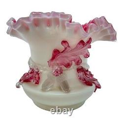 2 Vintage Fenton Ruffled Pink White Glass Vases
