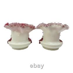 2 Vintage Fenton Ruffled Pink White Glass Vases