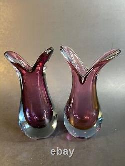 2 Vintage Murano Fishtail Vase Pink Blue Ribbon Art Glass 6-chip On Base