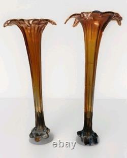 2 Vintage Murano Sommerso Yellow & Pink Hand Blown Glass Flower Vases 34cm