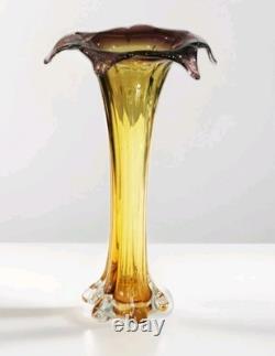 2 Vintage Murano Sommerso Yellow & Pink Hand Blown Glass Flower Vases 34cm