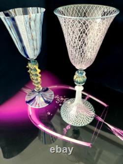 2 venetian classic murano wine glasses trailed. Beautiful stem orignal label