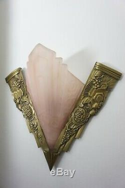 2 x Art Deco Wall Lamp Sconce Wandleuchte Brass pink frosted Glass 1.33Z