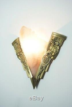 2 x Art Deco Wall Lamp Sconce Wandleuchte Brass pink frosted Glass 1.33Z