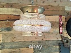 30's Art Deco Marbled Ufo Stepped Glass Ceiling Light Shade & Gallery Flycatcher