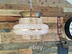 30's Art Deco Marbled Ufo Stepped Glass Ceiling Light Shade & Gallery Flycatcher