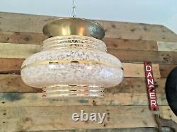 30's Art Deco Marbled Ufo Stepped Glass Ceiling Light Shade & Gallery Flycatcher