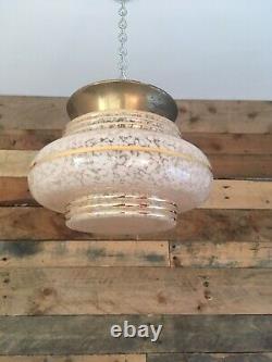 30's Art Deco Marbled Ufo Stepped Glass Ceiling Light Shade & Gallery Flycatcher