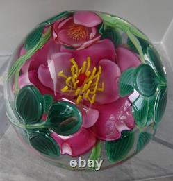 3.3 Signed Steven Lundberg Pink Dogwood Glass Paperweight with Exterior Leaves