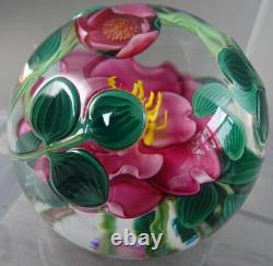 3.3 Signed Steven Lundberg Pink Dogwood Glass Paperweight with Exterior Leaves