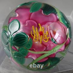 3.3 Signed Steven Lundberg Pink Dogwood Glass Paperweight with Exterior Leaves