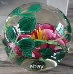 3.3 Signed Steven Lundberg Pink Dogwood Glass Paperweight with Exterior Leaves