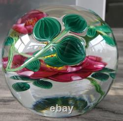 3.3 Signed Steven Lundberg Pink Dogwood Glass Paperweight with Exterior Leaves