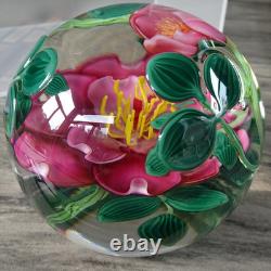 3.3 Signed Steven Lundberg Pink Dogwood Glass Paperweight with Exterior Leaves