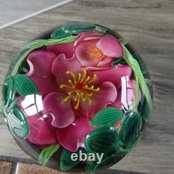 3.3 Signed Steven Lundberg Pink Dogwood Glass Paperweight with Exterior Leaves