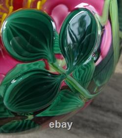 3.3 Signed Steven Lundberg Pink Dogwood Glass Paperweight with Exterior Leaves