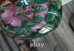 3.3 Signed Steven Lundberg Pink Dogwood Glass Paperweight with Exterior Leaves