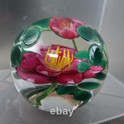3.3 Signed Steven Lundberg Pink Dogwood Glass Paperweight with Exterior Leaves