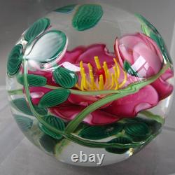 3.3 Signed Steven Lundberg Pink Dogwood Glass Paperweight with Exterior Leaves