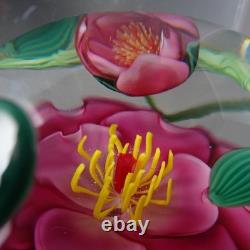 3.3 Signed Steven Lundberg Pink Dogwood Glass Paperweight with Exterior Leaves