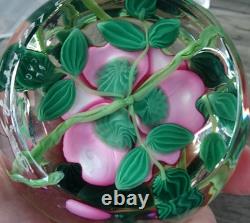 3.3 Signed Steven Lundberg Pink Dogwood Glass Paperweight with Exterior Leaves