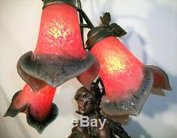 3 Foot ART DE FRANCE FIGURAL LAMP, Art Nouveau Re-Creation 3 Tulip Glass Shades
