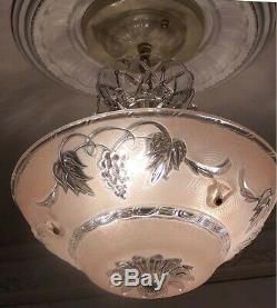 473 Vintage antique Glass Ceiling Light Lamp Fixture Chandelier art deco pink