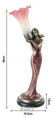 48cm Art Deco/nouveau Table Lamp Pink Lily Lady Bronze Figurine Glass Shade Bulb
