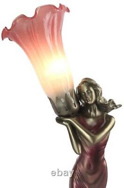48cm Art Deco/nouveau Table Lamp Pink Lily Lady Bronze Figurine Glass Shade Bulb