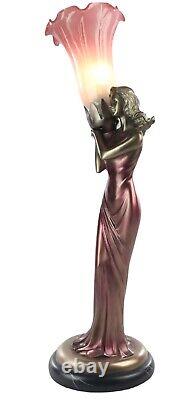 48cm Art Deco/nouveau Table Lamp Pink Lily Lady Bronze Figurine Glass Shade Bulb