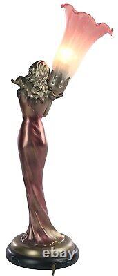 48cm Art Deco/nouveau Table Lamp Pink Lily Lady Bronze Figurine Glass Shade Bulb