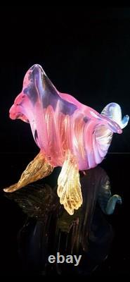 50's Archimede Seguso Murano Glass Pink Opaline Cornucopia Vase With Gold Leaves