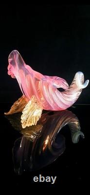 50's Archimede Seguso Murano Glass Pink Opaline Cornucopia Vase With Gold Leaves