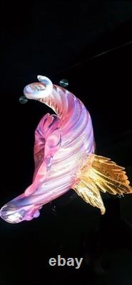 50's Archimede Seguso Murano Glass Pink Opaline Cornucopia Vase With Gold Leaves