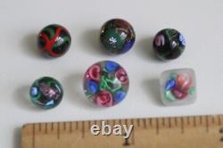 6 Antique Art Glass Paperweight Buttons Pink Roses, Aventurine, Square Floral