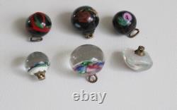 6 Antique Art Glass Paperweight Buttons Pink Roses, Aventurine, Square Floral