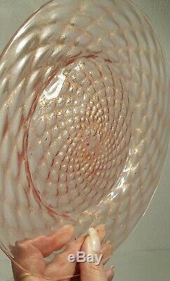 6 Antique Salviati Murano Glass Pink & Gold Fleck Diamond Optic 8.5 Plates