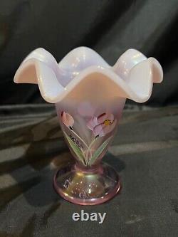 6 Fenton Rose Milk Tulip Delight Hand Painted Vase With Ruffled Edges