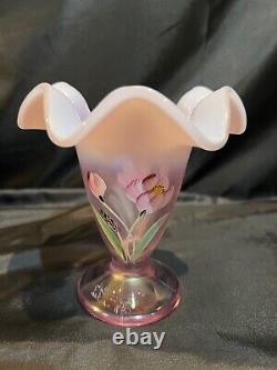 6 Fenton Rose Milk Tulip Delight Hand Painted Vase With Ruffled Edges